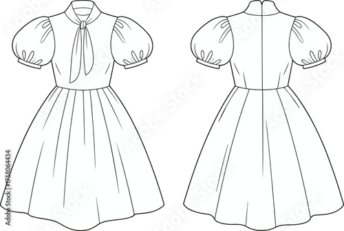 Dress front and back view, puff sleeve, high neckline, gathered skirt, collar with tie, cad drawing flat vector illustration