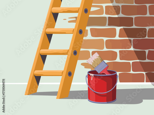 Ladder and paint bucket ready for home renovation and improvement project