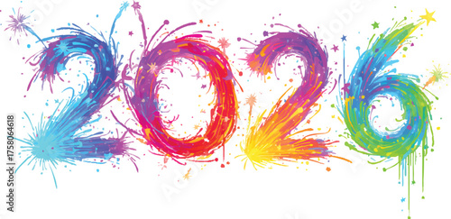 2026 colorful typography, vibrant new year design, festive paint splash numbers, artistic celebration digits, rainbow brush stroke style