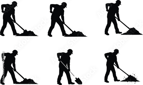 Silhouette vector illustration of worker shoveling dirt with different postures, manual labor poses, construction activity, occupational task, industrial work sequence