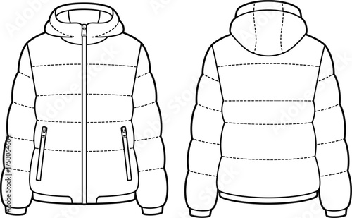 Puffer jacket technical sketch, front and back view, hooded quilted outerwear with zipper and pockets, cad drawing flat vector illustration