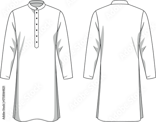Traditional men's kurta front and back view, band collar, button placket, long sleeves, side slits, cad drawing flat vector illustration