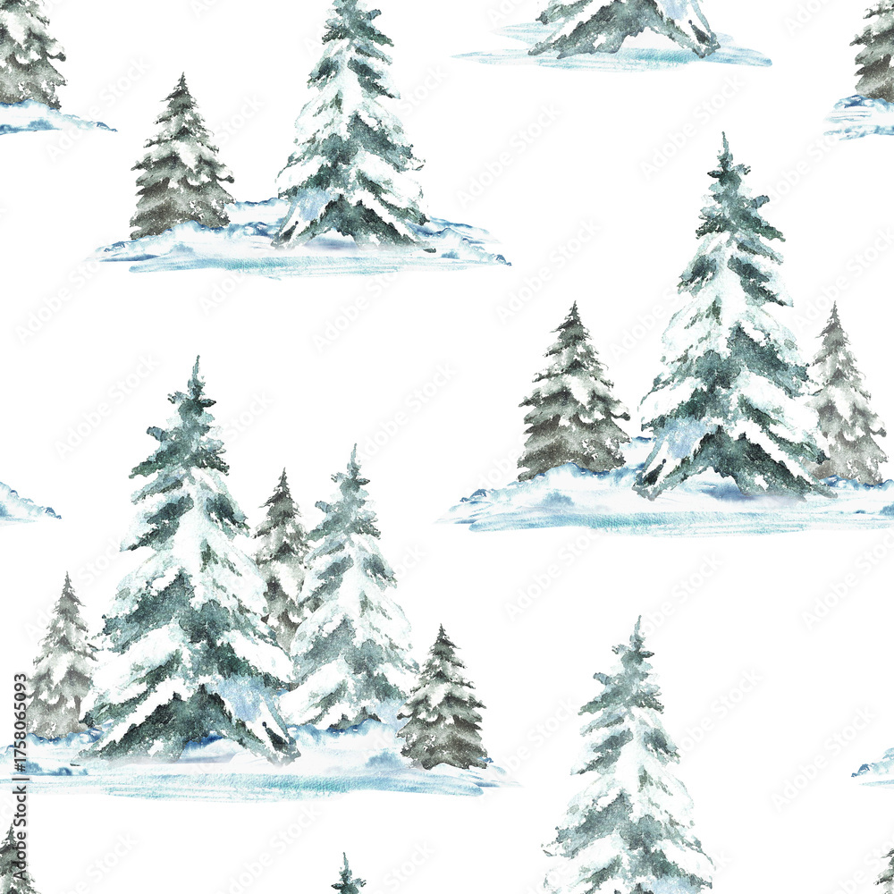 Obraz premium Winter Landscape with snow covered green spruces firs seamless pattern. Snowy Christmas trees, snowdrifts and frosty evergreen forest. Hand drawn watercolor illustration isolated from the background.