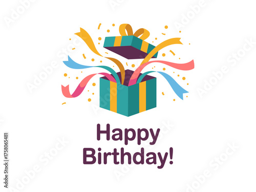 A teal gift box explodes with colorful streamers and confetti, celebrating a happy birthday.