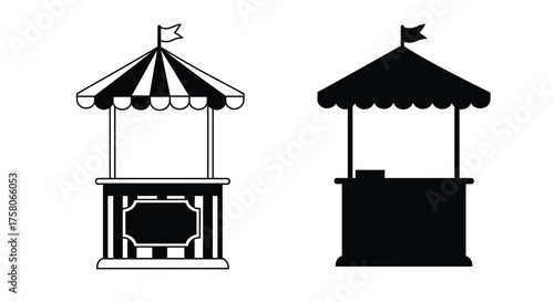 Black and white illustrations of two carnival or market booths