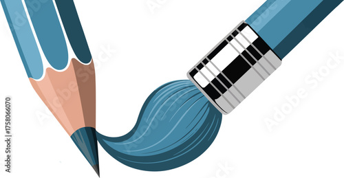 Artistic creation with a pencil and paintbrush drawing a smooth blue line
