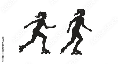 Two female silhouettes skating on roller skates dynamic and energetic pose