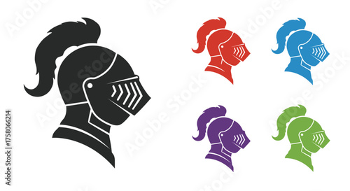 Stylized depictions of medieval knight helmets in varying color schemes