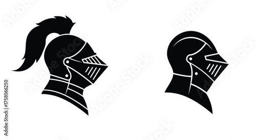 Two medieval knight helmets in black and white side profile views
