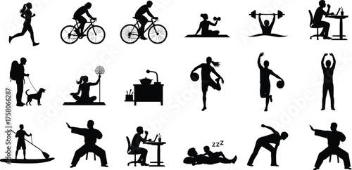 Collection of daily activity silhouettes featuring running, cycling, yoga, weightlifting, swimming, and working at a desk