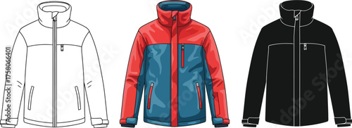 Three mens jackets in different colors and styles