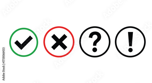 Four circular symbols illustrating positive negative questioning and exclamatory concepts