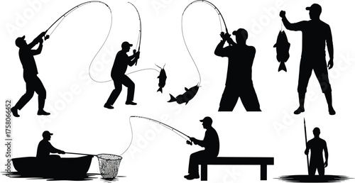 Silhouette of fisherman fishing man catching fish with rod and reel in various poses