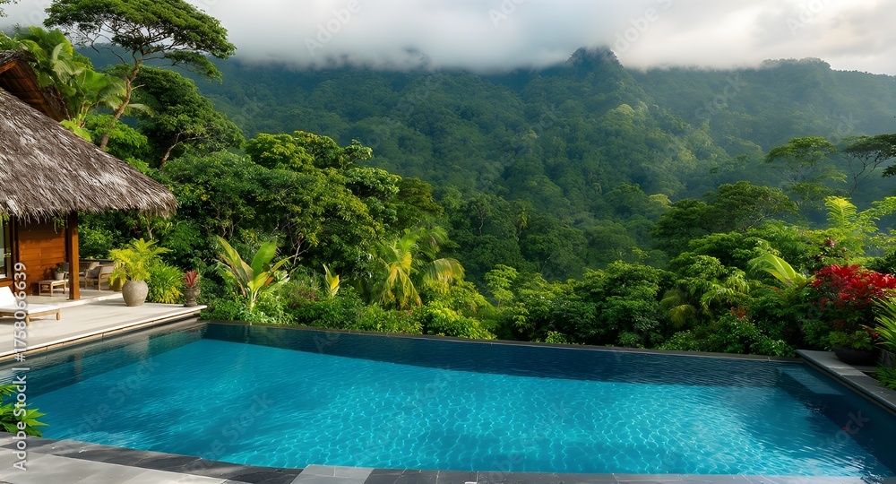 Fototapeta premium Bali Luxury Villa Infinity Pool Overlooking Tropical Rainforest Valley