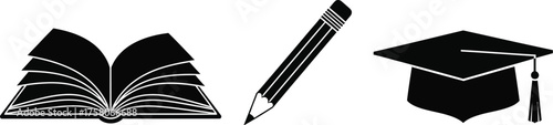 Education and graduation icons, featuring book, pencil, and graduation cap in simple black and silhouette style