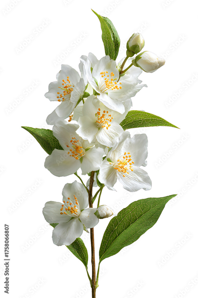 Fototapeta premium White jasmine flowers isolated on transparent background, close-up of fragrant blossoms with green leaves and buds, perfect for botanical art, floral design, and aromatic decorative stock photography