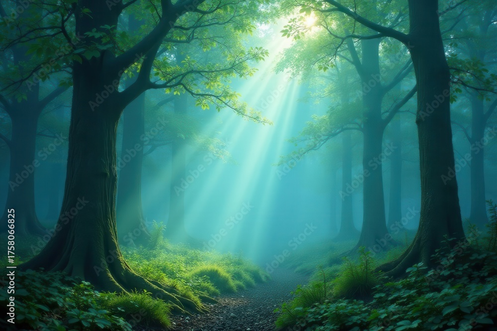 Obraz premium Layered mist veils a mystical forest; vibrant blues and greens , otherworldly, color, trees