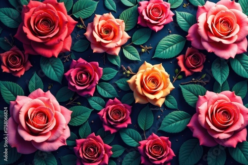 Intricate rose pattern, diverse colors, lush texture , floral, vibrant, stock