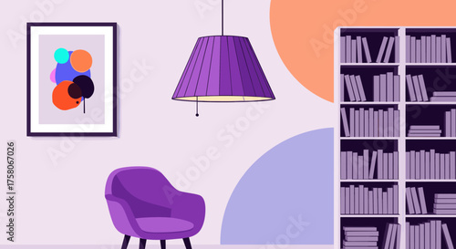 A modern living room with a purple chair and a bookshelf.