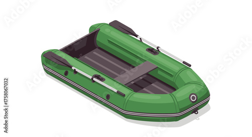 A detailed illustration of a green inflatable dinghy with oars ready for water activities.