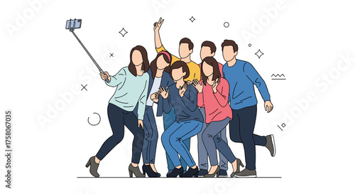 A group of happy young friends taking a selfie together with a selfie stick.