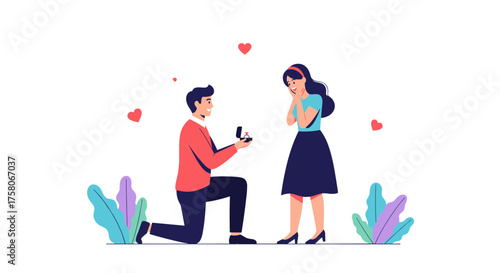A man on one knee proposing to a surprised woman with a ring box in his hand.