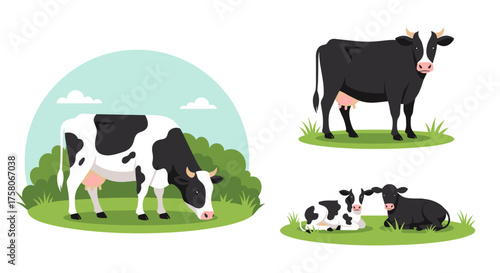 Illustrations of cows and calves in a pastoral setting with green fields and trees.
