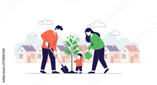 A family plants a tree in their neighborhood creating a greener environment.