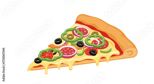 A delicious slice of pizza with melted cheese and fresh toppings presented beautifully.