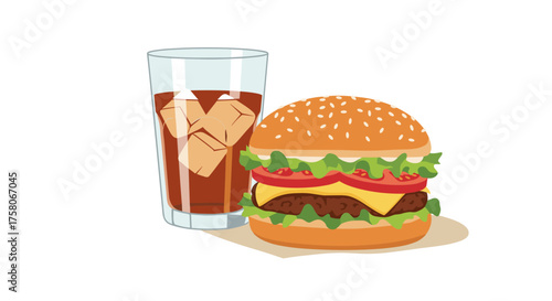 Delicious burger with cheese lettuce tomato and a refreshing cola drink on ice.