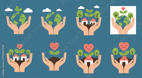 Hands cradling the earth and trees symbolizing environmental care and nurturing.
