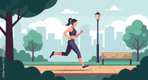 A woman running through a park with a cityscape in the background during the day.