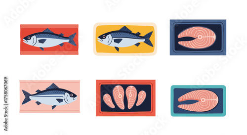 A collection of six illustrations of various types of raw fish and seafood packaged for sale.