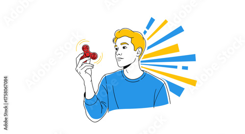 A young man enthusiastically spins a red fidget toy demonstrating its motion and energetic design elements.