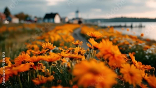 Path through orange flowers leads to buildings near water at daytime