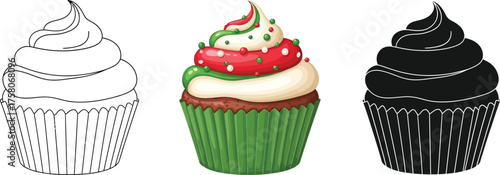 Three cupcake line art illustrations with different frosting