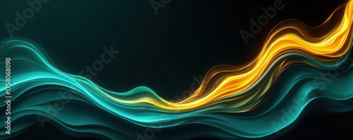 Fluid teal and yellow curves, black background Abstract swirling pattern , curves, digital, modern