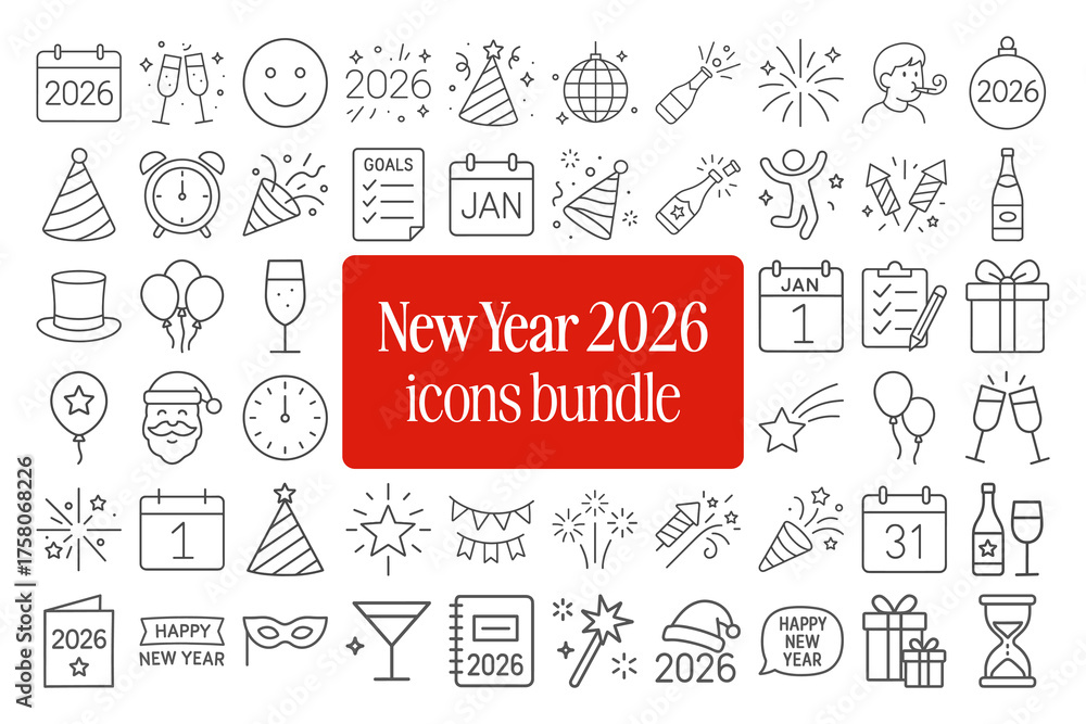 Naklejka premium New Year 2026 Icons Bundle – Festive Line Art Symbol Collection for Party, Celebration, and Holiday Design