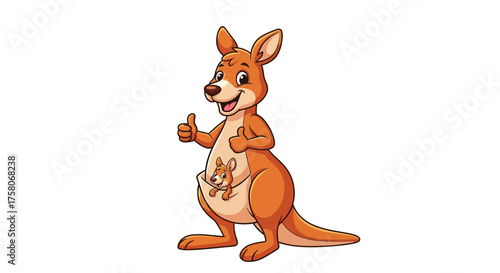 Cute Cartoon Kangaroo Mother with Joey in Pouch Giving Thumbs Up - Isolated Mascot