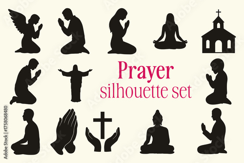 Prayer Silhouette Set – Meditation, Faith, and Spiritual Worship Silhouettes for Religious and Mindfulness Design