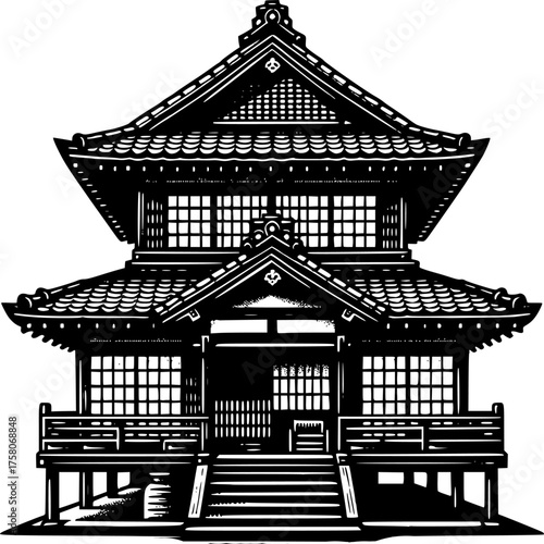 Traditional Buddhist pagoda architecture in a Japanese garden temple with a clear sky