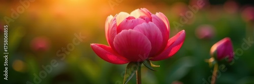 Sunlit peony bud, tightly furled petals, vibrant color , photography, romantic