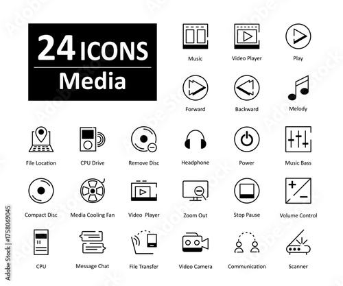 A set of 24 media icons as music, video player, play