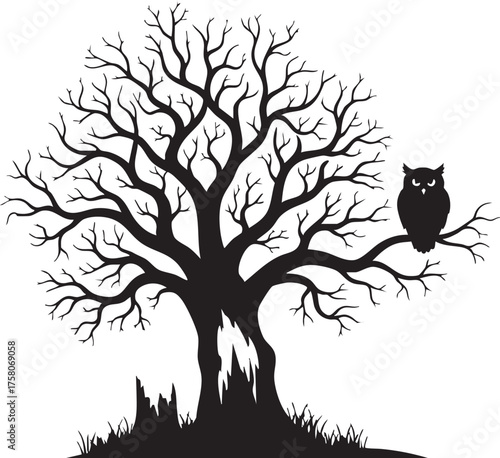 Mysterious black silhouette of a bare tree with a watchful owl perched on a branch under a stark white sky