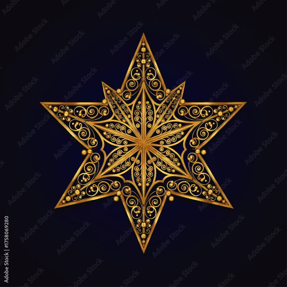 Fototapeta premium Ornate golden six-pointed star with intricate filigree details against a dark blue background.
