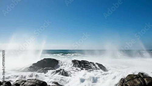 Powerful Ocean Wave Crashing Against a Rocky Coastline.