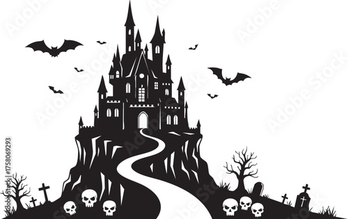 Spooky haunted castle silhouette on a hill with bats flying and skulls in graveyard, perfect for Halloween celebrations and eerie themes