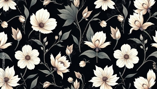 Delicate black & white floral wallpaper Minimalist, seamless repeat pattern , dainty, illustration, flowers