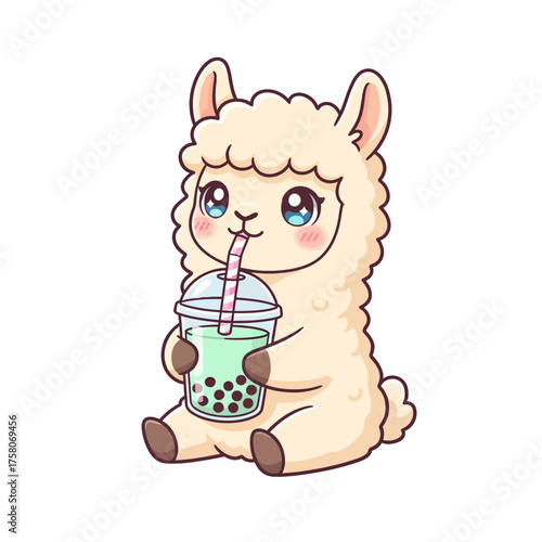 Fluffy Llama Alpaca Drinking Matcha Boba Tea Kawaii Cartoon