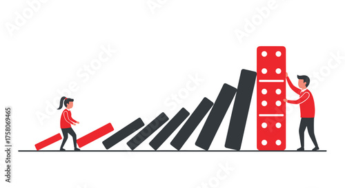 Two people working together to stop a falling domino effect